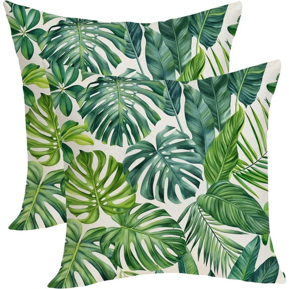 Summer Pillow Covers 20x20 Pack of 2 Modern Artistic Watercolor Green Palm Leaf Throw Pillow Covers Outdoor Decoration,Tropical Leaf Plant Decor Pillowcase Linen Cushion Case for Couch Sofa