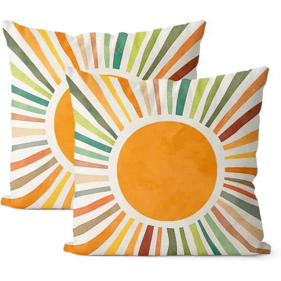 Summer Pillow Covers 20x20 Set of 2, Boho Sun Throw Pillows Stripes Yellow Green Orange Sunshine Decorations Watercolor Rainbow Pillow Cases Linen Outdoor Decor Cushion Case for Home Sofa