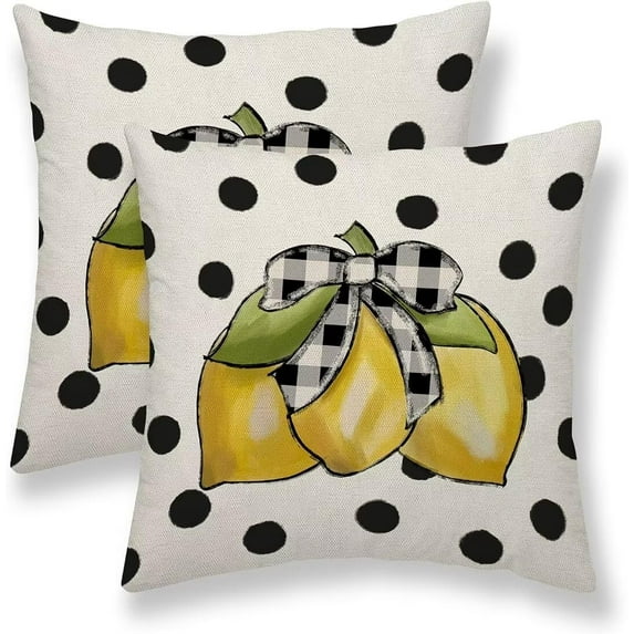 Summer Pillow Covers 20x20 Set of 2, Yellow Lemons Polka Dots Decorative Throw Pillow Cases Watercolor Summer Seasonal Linen Decorations for Home Bed Car Spring Decor