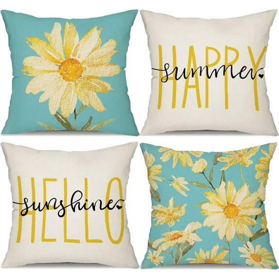 Summer Pillow Covers 20x20 Set of 4 Watercolor Daisy Summer Décor Yellow and Blue Outdoor Throw Pillow Covers Hello Sunshine Cushion Case Decoration for Sofa Couch