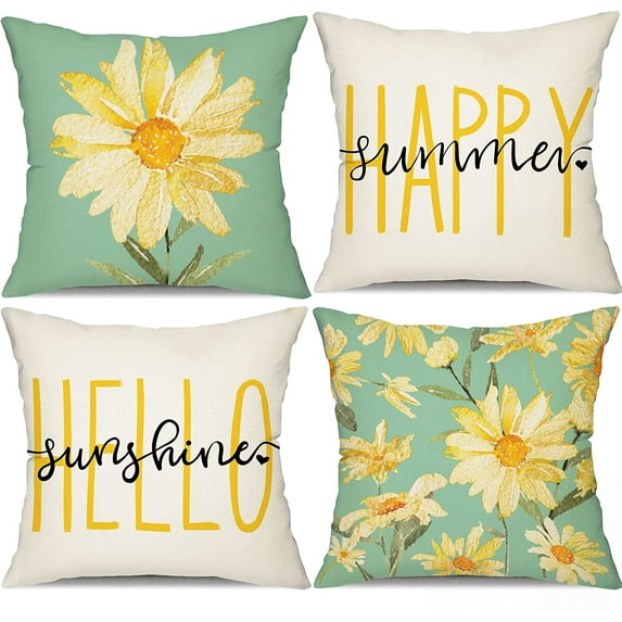 Summer Pillow Covers 20x20 Set of 4 Watercolor Daisy Summer Yellow and Green Outdoor Throw Pillow Covers Hello Sunshine Decor Cushion Case Decoration for Sofa Chair Couch