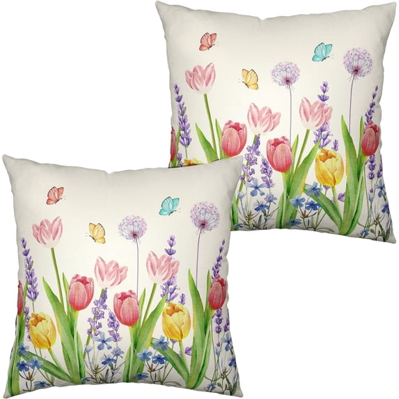Summer Pillow Covers Pink Tulip Floral Throw Pillow Case 20x20 Lavender Dandelion with Butterflies Pillow Protectors Set of 2 for Farmhouse Garden Patio Living Room