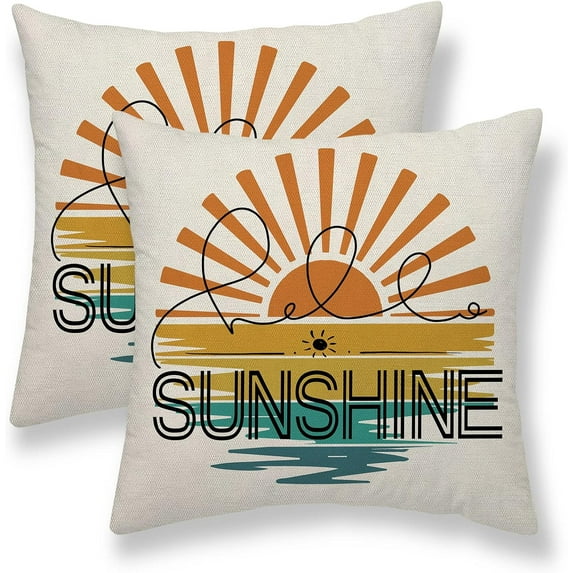 Summer Pillow Covers Set of 2 18x18 Inch Hello Sunshine Throw Pillow Covers with Sun and Sea Farmhouse Outdoor Decorations Linen Square Cushion Case Decor for Home Couch Sofa Embrace Summer Vibes