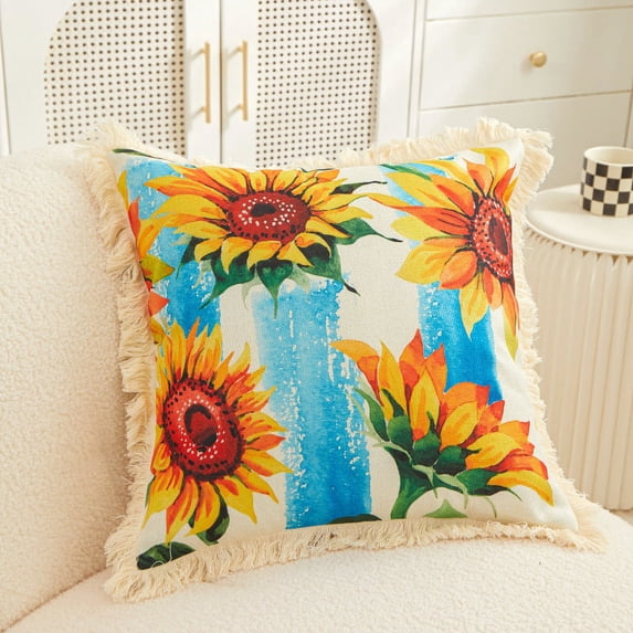 Summer Pillow Covers Sunflower Throw Pillows Covers with Tassels, Spring Summer Room Decor Floral Couch Pillows Cushion Cover for Living Room Bedroom Kitchen Outdoor 18x18inch