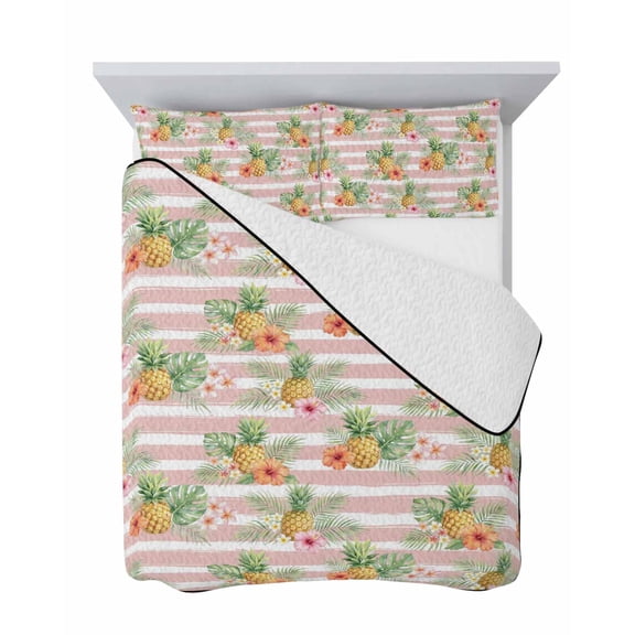 Summer Pineapple 3 Piece Quilt Set Full Size, Pink Striped Orange Flower Green Leaf Tropical Plant Soft Bedspread Coverlet Bedding Set Microfiber Comforter Set with 2 Pillowcases for Bedroom