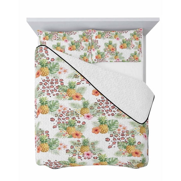 Summer Pineapple 3 Piece Quilt Set King Size, Pink Orange Flowers Green Leaves Tropical Plant Soft Bedspread Coverlet Bedding Set Microfiber Lightweight Comforter Set with 2 Pillowcases for Bedroom