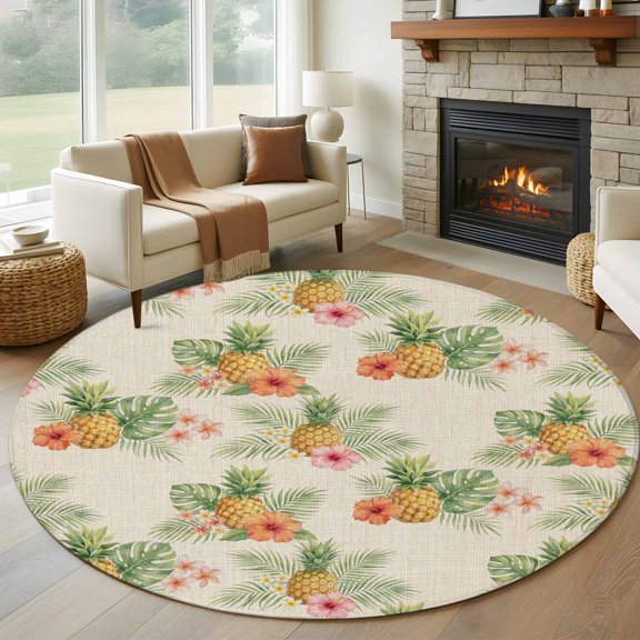 Summer Pineapple 5FT Round Area Rugs for Living Room Monstera Leaf Rustic Linen Texture Ultra-Thin Non-Slip Round Rugs Machine Washable Low Pile Circle Carpet for Bedroom Kitchen Nursery