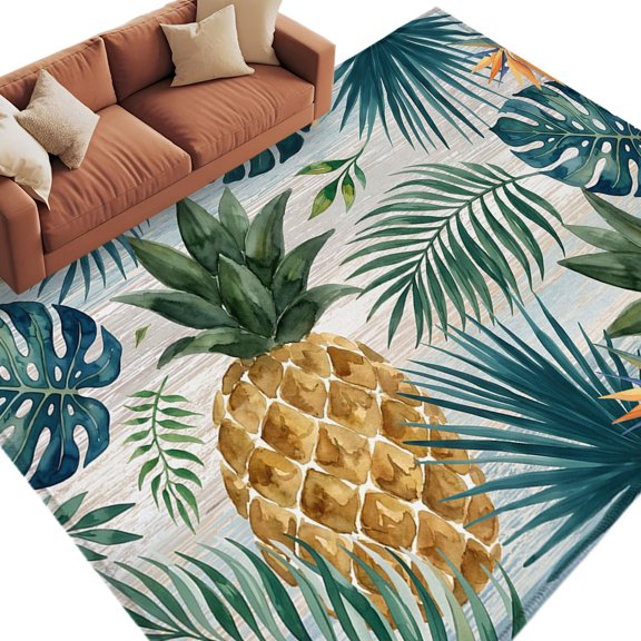Summer Pineapple Area Rug 8x10 Washable Rug Non Slip Rustic Tropical Plam Leaf Monstera Leaves Large Area Rug Soft Stainresistant Indoor Carpet for Living Room Bedroom Office Dining Room Nursery