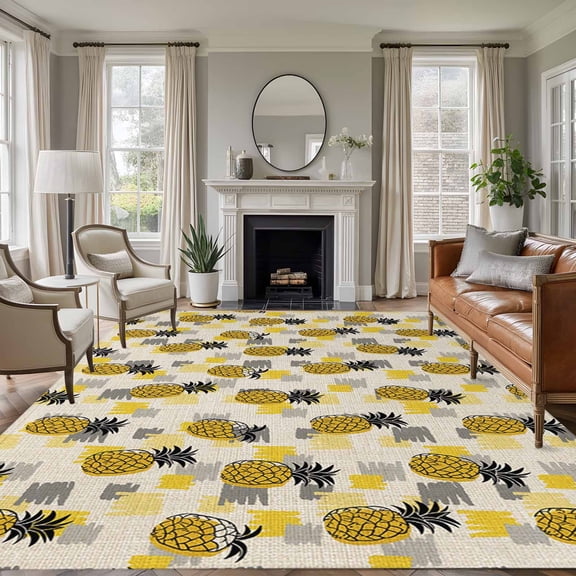Summer Pineapple Area Rugs 5'x8', Washable Small Throw Rugs for Classroom Bedroom, Retro Country Tropical Plants Fruit Indoor Outdoor Rug Non-Slip Low Pile Carpet Runner Reversible Floor Mats