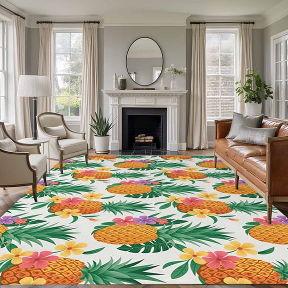 Summer Pineapple Area Rugs 5'x8', Washable Small Throw Rugs for Classroom Bedroom, Tropical Fruit Flowers Palm Leaves Indoor Outdoor Rug Non-Slip Low Pile Carpet Runner Reversible Floor Mats