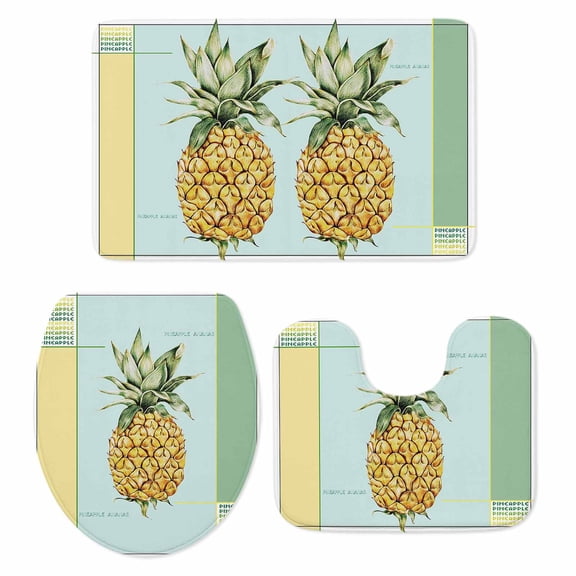 Summer Pineapple Bath Mat 3 Piece Bathroom Rug Set, Yellow Blue Green Striped Geometric Non Slip Bath Rug Contour Mat and Toilet Lid Cover, Absorbent Shower Mats Soft Bath Rugs and Mats Sets