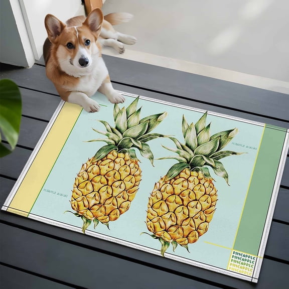 Summer Pineapple Bathroom Mat 2x3 FT, Non Slip Small Kitchen Mat, Yellow Blue Green Striped Geometric Washable Soft Backed Front Door Throw Rug Non-Shedding Indoor Outdoor Doormat for Entryway Sink