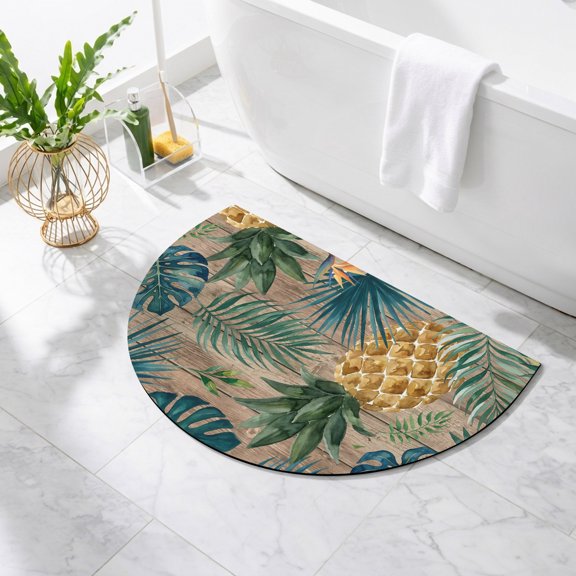 Summer Pineapple Bathroom Rug Cute Half Circle Bath Mat Non-Slip Washable Semi Circle Bath Rug Brown Wood Tropical Palm Monstera Leaves Floor Mat for Bathroom Kitchen Bedroom Shower Decor 16"x24"