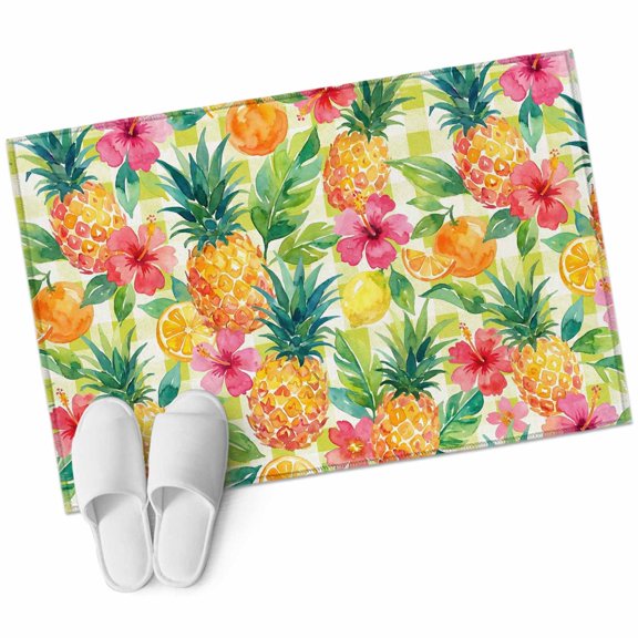 Summer Pineapple Bathroom Rug Washable 2x3 Entryway Rug Non Slip Tropical Fruits Lemon Sage Green Plaid Front Door Mat Low Pile Indoor Doormat Throw Floor Carpet for Kitchen Bedroom Entrance