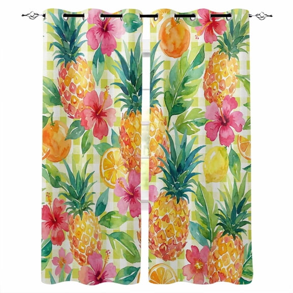 Summer Pineapple Blackout Curtains for Bedroom/Living Room, Thermal Insulated Kitchen Curtains, Tropical Fruits Lemon Sage Green Plaid Grommet Darkening Window Treatment Drapes 27.5"x39"x2