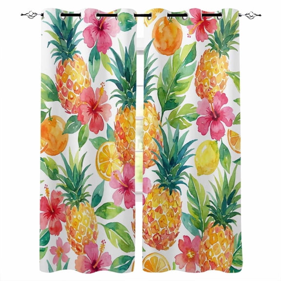 Summer Pineapple Blackout Curtains for Bedroom/Living Room, Thermal Insulated Kitchen Curtains, Tropical Fruits Lemon Watercolor Grommet Darkening Window Treatment Drapes 27.5"x39"x2