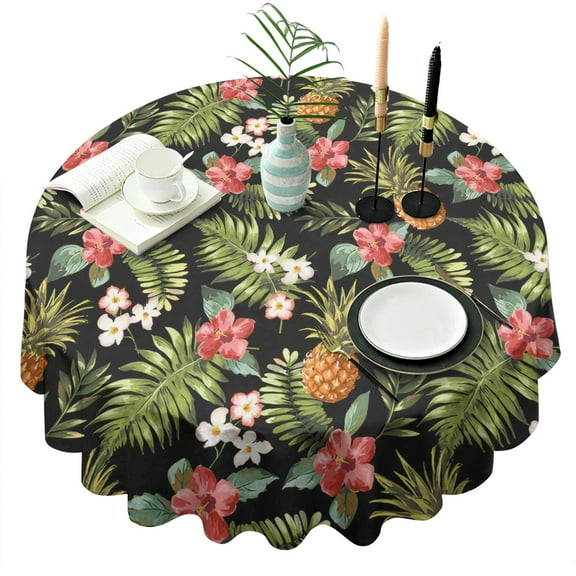 Summer Pineapple Botanical Round Table Cloth,Wrinkle Resistant Table Cover Waterproof Reusable Round Table Cloths for Home Decor Summer Spring Picnic Dining Holiday (Round,60x60inch)