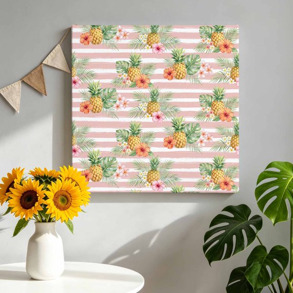 Summer Pineapple Canvas Wall Art, Pink Striped Orange Flower Green Leaf Tropical Plant Pictures Wall Decor Wooden Framed Artwork Art Prints for Living Room Hallway Bedroom Office 8"x8"
