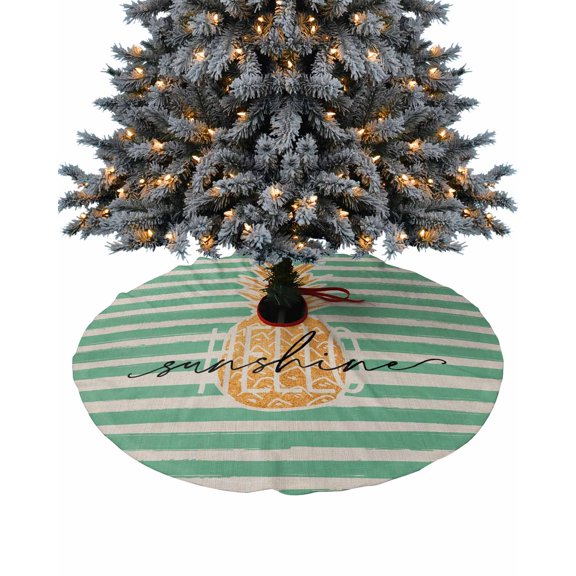 Summer Pineapple Christmas Tree Skirt 48 Inches Large Christmas Skirt Tree, Rustic Burlap Teal Striped Tree Skirt Christmas Decorations for Fireplace Party Holidays Indoor Outdoor
