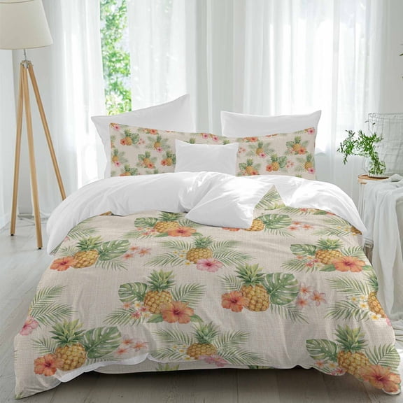 Summer Pineapple Comforter Set Queen Size, Monstera Leaf Rustic Linen Texture Soft Bedding Set for Man Woman, 4 Pieces Duvet Cover Set with Fitted Sheet, 2 Pillowcases
