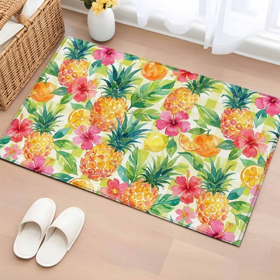 Summer Pineapple Entryway Rug 2'x3' Non Slip Front Door Mats, Tropical Fruits Lemon Sage Green Plaid Entrance Rugs Indoor Outdoor Carpet, Washable Floor Mats Small Area Rug for Bedroom Kitchen