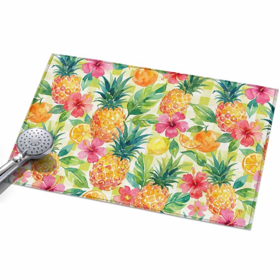 Summer Pineapple Entryway Rug 2x3ft Washable Non Slip Bathroom Rug Indoor Floor Front Door Mat Tropical Fruits Lemon Sage Green Plaid Rectangle Area Rugs Carpet for Kitchen Office Dining Room Home