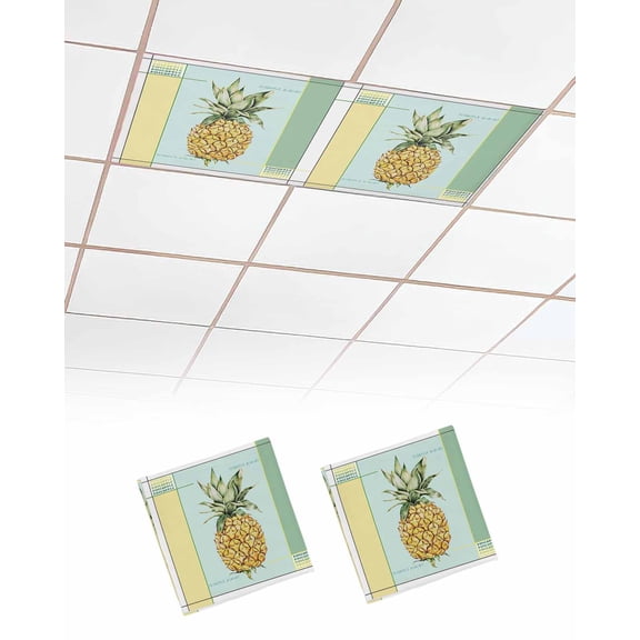 Summer Pineapple Fluorescent Light Covers for Ceiling Lights 4x2 feet,2 Pack Magnetic Light Filters for Classroom,Yellow Blue Green Striped Geometric Fluorescent Light Shade Panel for Office School