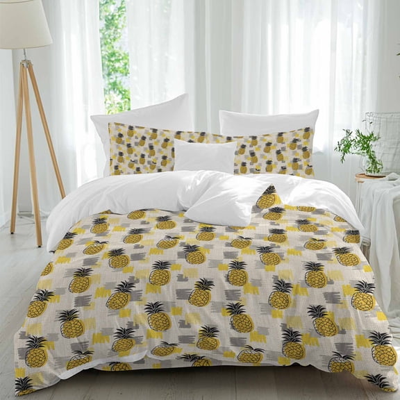 Summer Pineapple Full Size Comforter Set, Watercolor Yellow Gray Tropical Fruit Bedding for All Seasons, 4 Pcs Bed Set, 1Quiltcover (86"x86") ,1Sheet(80"x116"), 2Pillowcases (30"x20")