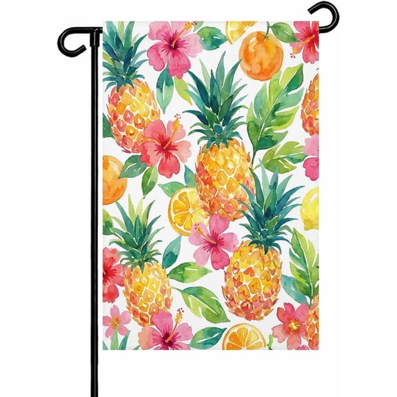 Summer Pineapple Garden Flag, Double-Sided Tropical Fruits Lemon Watercolor Yard Banner, 12 x 18 Inch, Welcome Outdoor House Flag for All Seasons