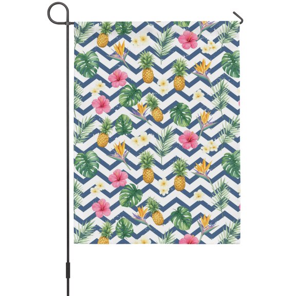 Summer Pineapple House Flag 28 x 40 Inches, Tropical Palm Leaf Flowers Blue Chevron Stripe Weather Proof Outdoor Patio Flags Double Sided Small House Decoration for Yard Lawn Outside Home