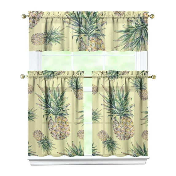 Summer Pineapple Kitchen Curtains Set, Hawaiian Tropical Fruit Tier and Valance with Yellow Plant Pattern, Light Filtering Window Drapes for Sunny Kitchen or Dining Space