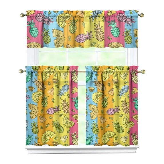 Summer Pineapple Kitchen Curtains Set, Hawaiian Tropical Fruit Tier and Valance with Yellow Plant Pattern, Light Filtering Window Drapes for Sunny Kitchen or Dining Space