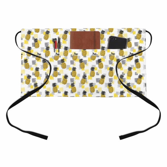 Summer Pineapple Kitchen Restaurant Half Waist Apron, Modern Style Tropical Yellow Pineapples Server Short Apron with 3 Pockets Waterproof Oil Waist Aprons for Women Waitress Waiter