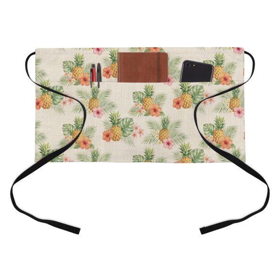 Summer Pineapple Kitchen Restaurant Half Waist Apron, Monstera Leaf Rustic Linen Texture Server Short Apron with 3 Pockets Waterproof Oil Waist Aprons for Women Waitress Waiter