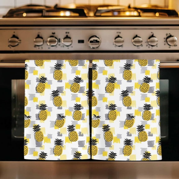 Summer Pineapple Kitchen Towels Set of 1, Tropical Plants Fruit Yellow Grey Blocks Absorbent Dish Towels for Kitchen, Microfiber Hand Towel, Quick Drying Tea Towel for Cleaning Decorative Dishcloths