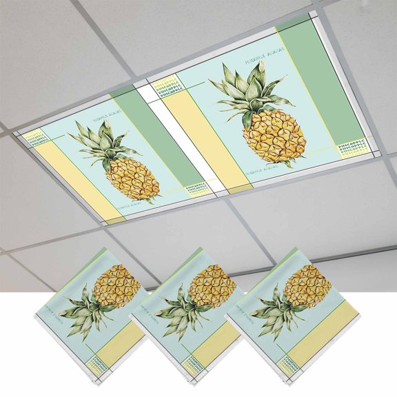 Summer Pineapple Magnetic Fluorescent Light Covers for Ceiling Lights 2x4Ft, Yellow Blue Green Striped Geometric Office Classroom Kitchen Drop Ceiling Light Covers Lighting Filters Shade Panel 3Packs