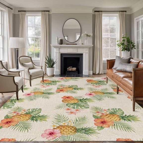 Summer Pineapple Monstera Leaf Rustic Linen Texture , Soft Non Slip Rugs Stain Repellent Indoor Felt Carpet for Living Dining Room Bedroom Home Office