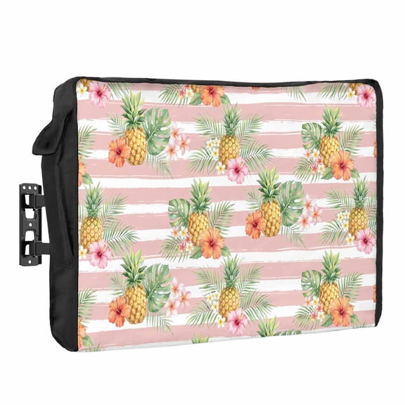 Summer Pineapple Outdoor TV Cover Pink Striped Orange Flower Green Leaf Tropical Plant Waterproof Weatherproof TV Screen Protector with Remote Control Pocket for 36 to 39 Inch Television Outside