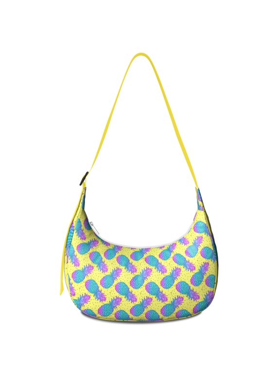 Summer Pineapple Pattern Nylon Hobo Bag for Women, Bright Yellow Lightweight Shoulder Purse, Hawaiian Tropical Crossbody Tote Handbag, Water-Resistant Durable Design