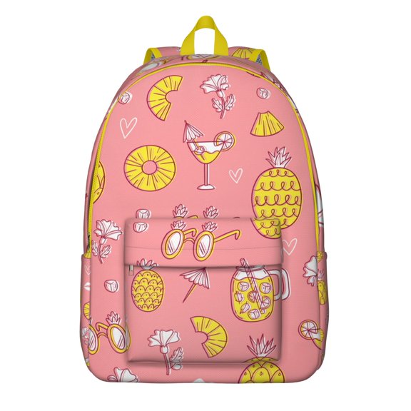 Summer Pineapple Pattern School Backpack, Golden Tropical Fruit Print Lightweight Travel Backpack for Women and Teens