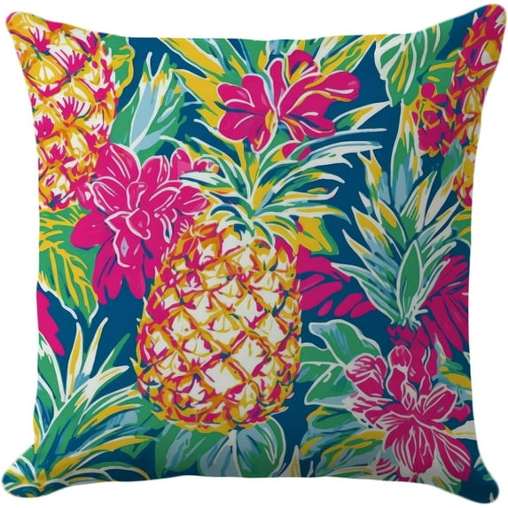 Summer Pineapple Pillow Cover 18x18 Inch - Tropical Floral and Fruit Design on Navy Background, Vibrant Decorative Cushion Case for Home Decor