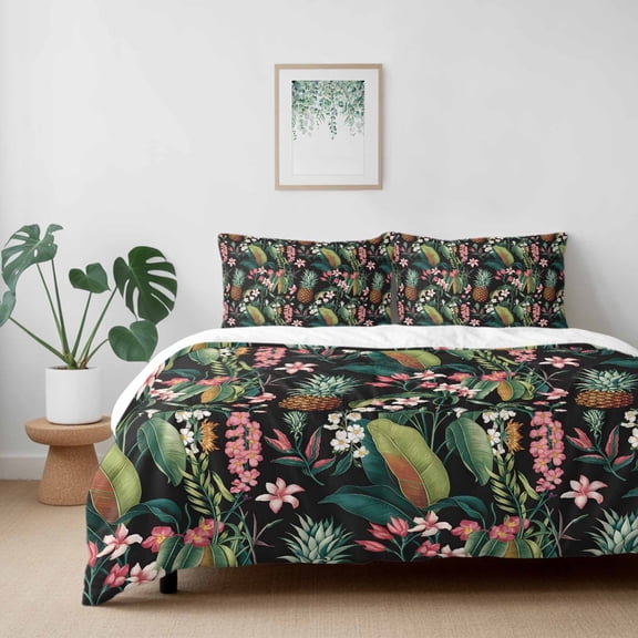 Summer Pineapple Pink Flower Green Leaves California King Size Bed Set,Tropical Plant Bedding for All Seasons,4 Pcs Bed Set with 1 Quiltcover (96"x104"),1 Sheet (110"x98"),2 Pillowcases (20"x36")