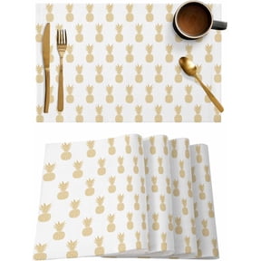 Summer Pineapple Placemats Set of 4,Washable Woven Burlap Cloth Fabric Placemat for Square/Rectangle/Round/Oval Dining Table,Easy Clean Place Mats for Kids Exotic Tropical Gold Fruit Geometric