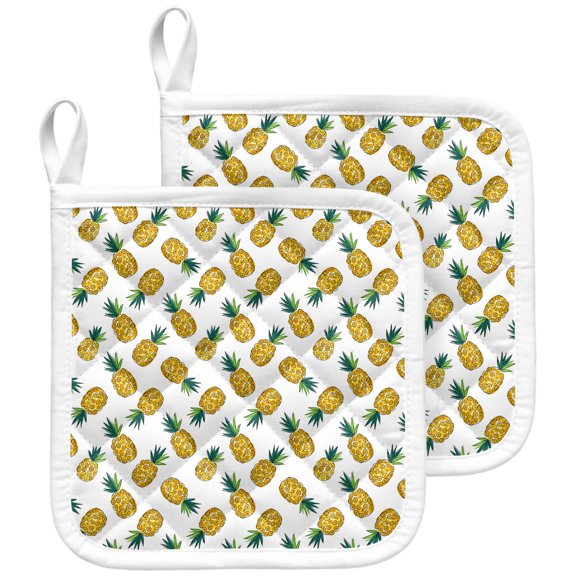 Summer Pineapple Pot Holders for Kitchen Heatproof Potholder, 2 Pack Modern Rustic Tropical Fruits Watercolor Hot Pads Multipurpose Oven Pads Terry Cloth Potholders Trivet for Cooking and Baking