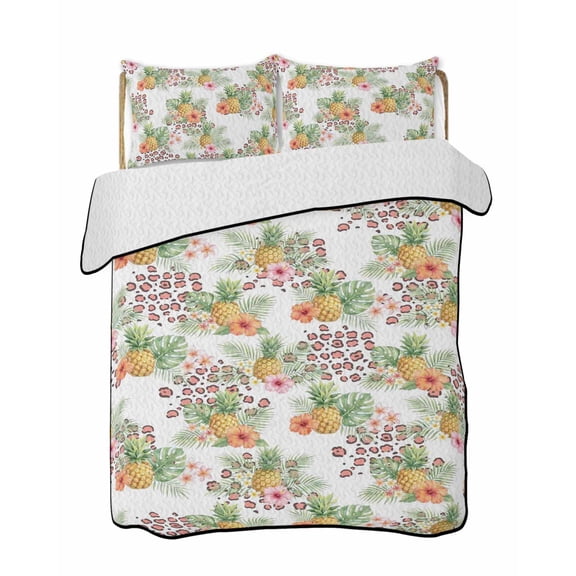 Summer Pineapple Quilts Bedding Set California King Pink Orange Flowers Green Leaves Tropical Plant Lightweight Quilted Bedspread 3 Piece Bed Quilt with 2 Pillow Shams for Bedroom 96" x 106"