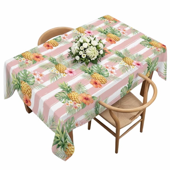 Summer Pineapple Rectangle Tablecloth Pink Striped Orange Flower Green Leaf Tropical Plant Waterproof Wrinkle Free Soft Table Cloth Spill-Proof Washable Table Cover for Dining Picnic 60 x 120 Inch