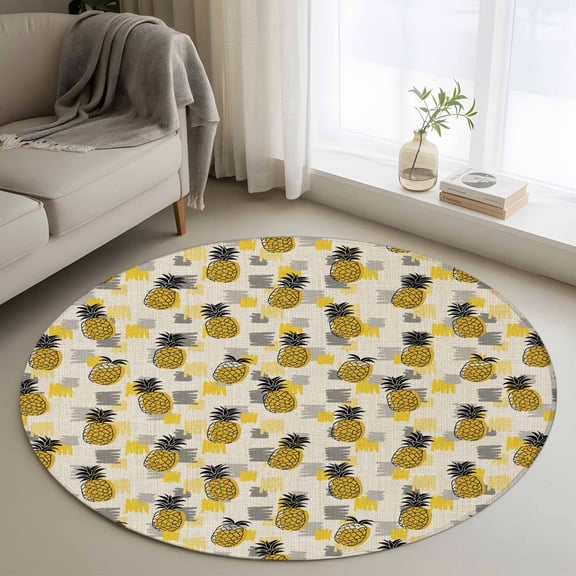Summer Pineapple Round Area Rug 3Ft Washable Small Circle Rugs for Kitchen Entryway, Retro Country Tropical Plants Fruit Non-Slip Carpet Floor Mats Indoor Outdoor Carpet Runner Aesthetic Home Decor