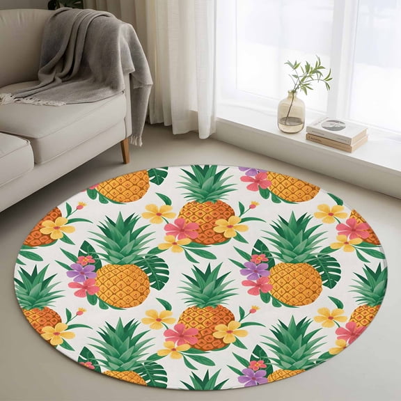Summer Pineapple Round Area Rug 3Ft Washable Small Circle Rugs for Kitchen Entryway, Tropical Fruit Flowers Palm Leaves Non-Slip Carpet Floor Mats Indoor Outdoor Carpet Runner Aesthetic Home Decor