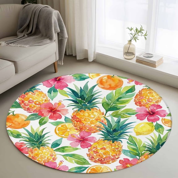 Summer Pineapple Round Area Rug 3Ft Washable Small Circle Rugs for Kitchen Entryway, Tropical Fruits Lemon Watercolor Non-Slip Carpet Floor Mats Indoor Outdoor Carpet Runner Aesthetic Home Decor