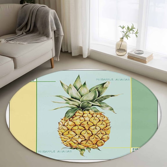 Summer Pineapple Round Area Rug 4 FT, Non Slip Indoor Outdoor Rug, Yellow Blue Green Striped Geometric Washable Soft Circular Carpet Non-Shedding Floor Mat for Coffee Table Nursery Foyer Balcony